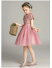 Short Sleeves Mauve Sequined Lace Tulle Flower Girl Dress